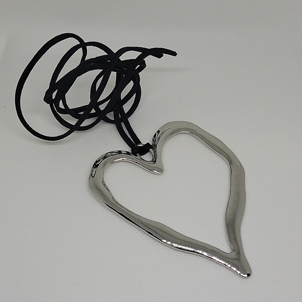 Silver Tone Heart 2.5" x 3.5" Black 28" Black Suede